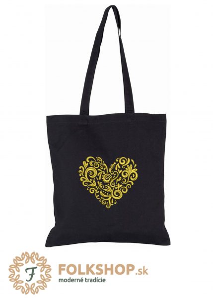 Čierna nákupná taška s výšivkou zlatého srdca
